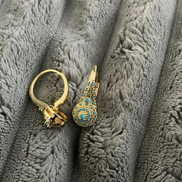 Gold Teardrop Earrings with Turquoise Crystals - Women Jewelry - Picture 3 of 4